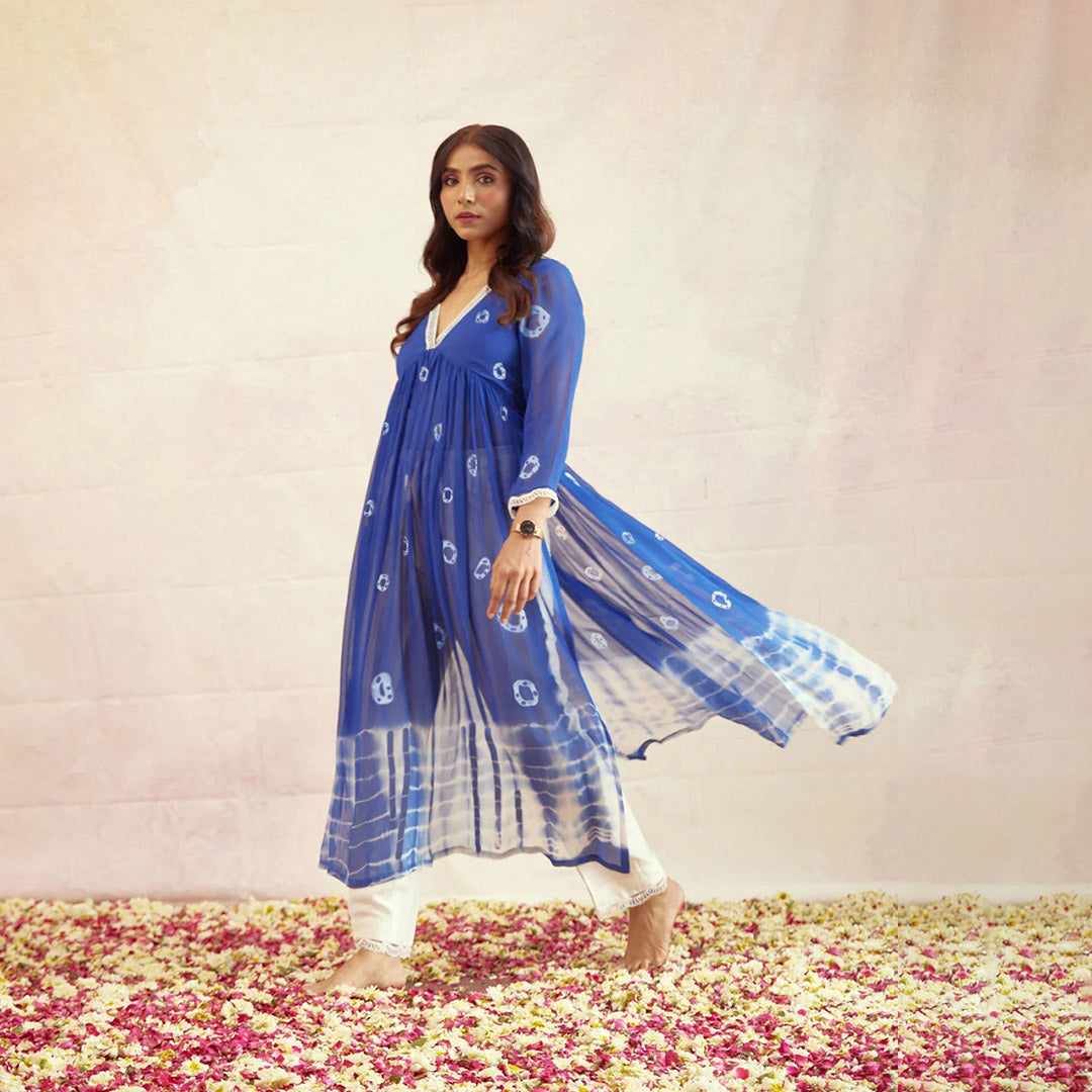 Royal Blue Dyed Bandhej Alia Cut Flared Long Kurta With Pockets Pants