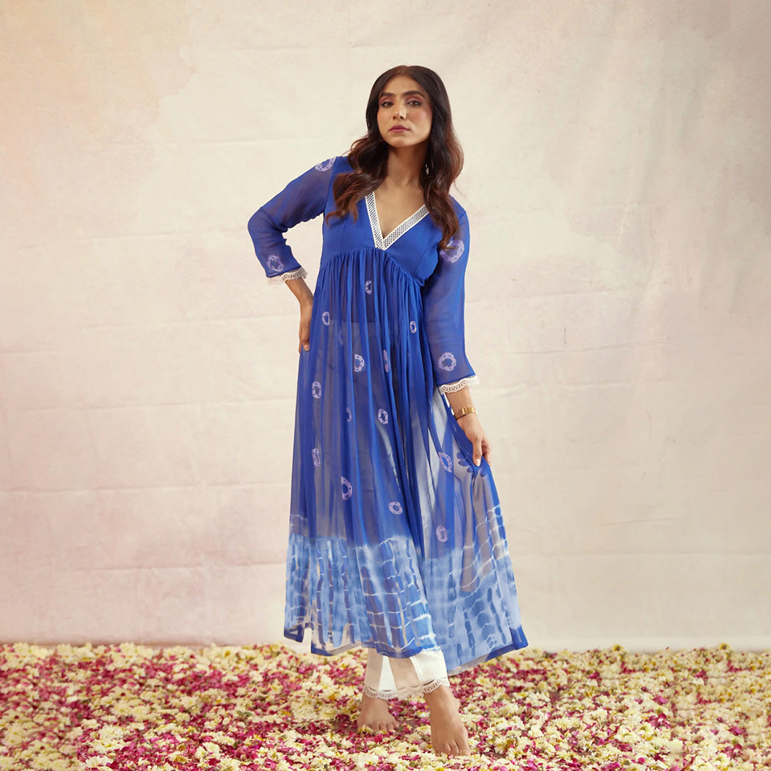 Royal Blue Dyed Bandhej Alia Cut Flared Long Kurta With Pockets Pants