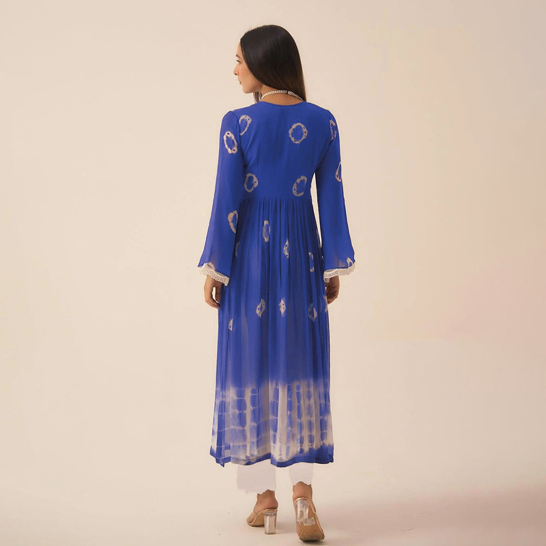 Royal Blue Dyed Bandhej Alia Cut Flared Long Kurta With Pockets Pants