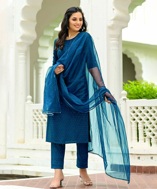 Rayon Blue Chikankari Salwar Suit featuring intricate embroidery and a stylish design
