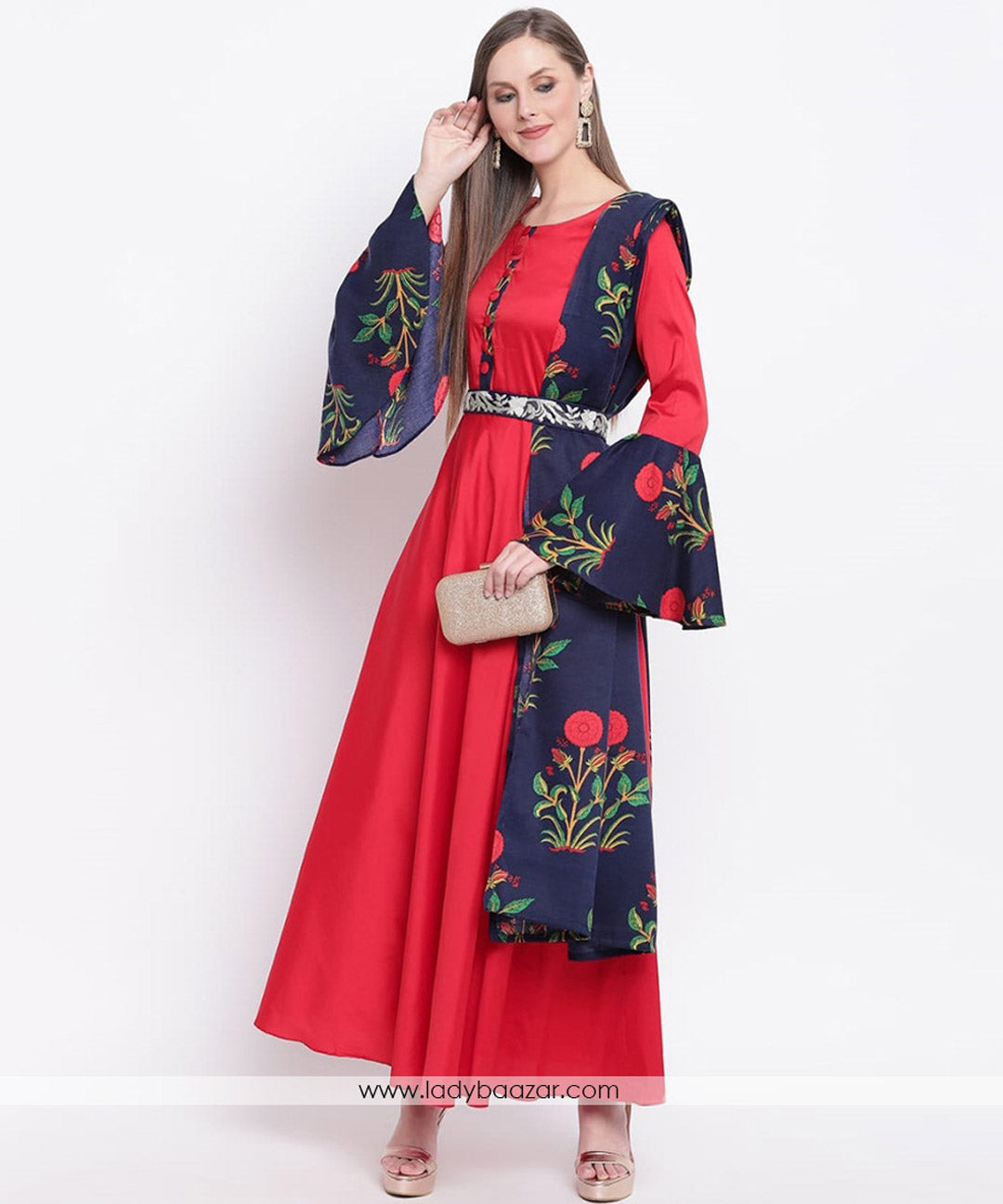 Red silk bell sleeves designer gown paired with a printed dupatta, exuding elegance and charm.