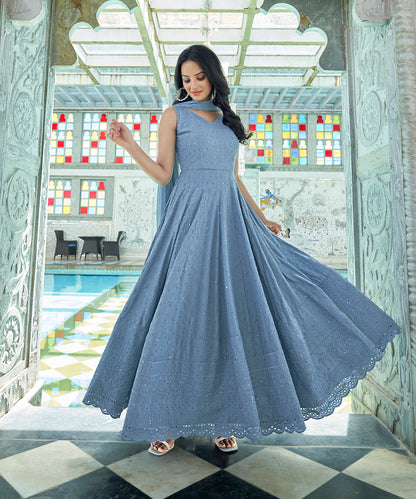 A serene Soothing Blue Rayon Dress with Dupatta, offering comfort and style with its soft fabric and elegant design.