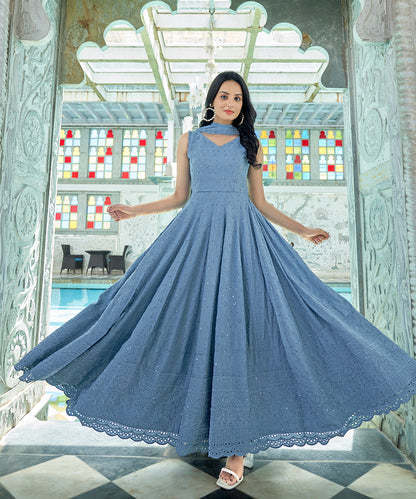 A serene Soothing Blue Rayon Dress with Dupatta, offering comfort and style with its soft fabric and elegant design.