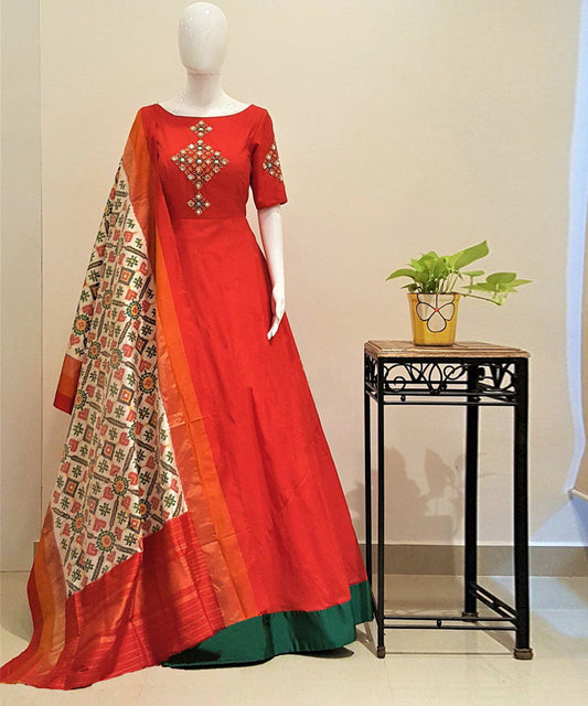 Sparkling foil mirror work Tafeta silk readymade gown, radiating glamour and sophistication.
