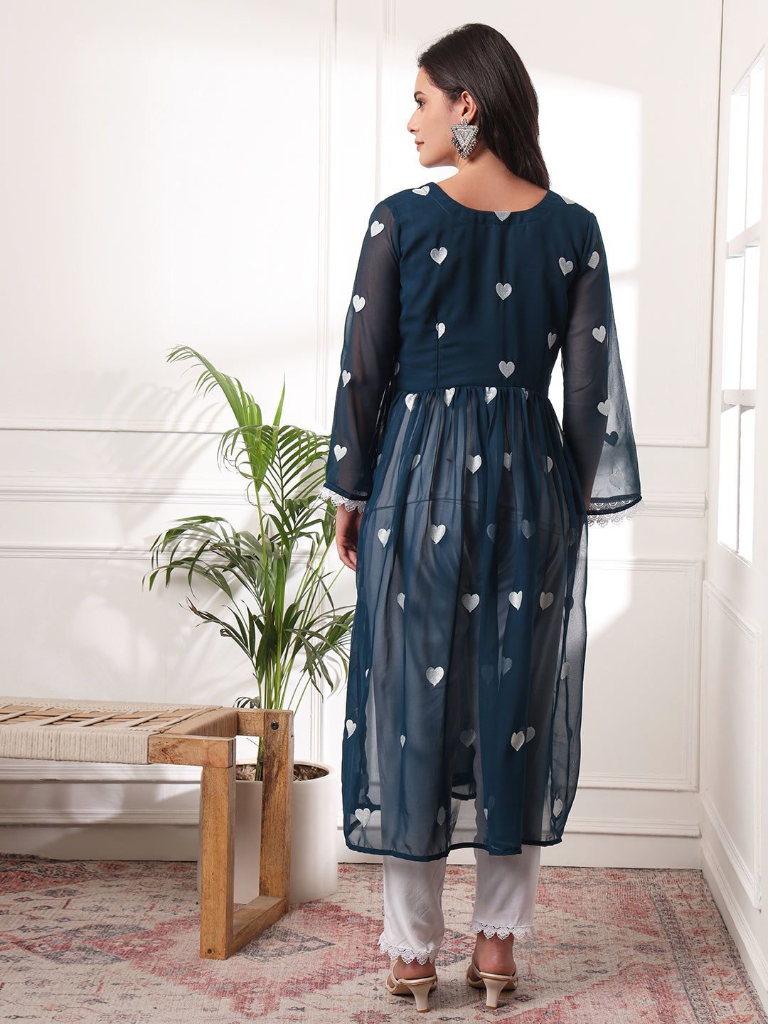 Rama Green Heart Embrodiered Alia-cut Kurta With Pant