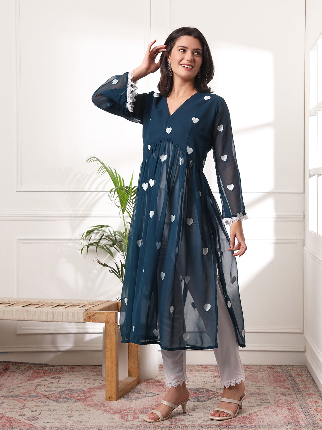 Rama Green Heart Embrodiered Alia-cut Kurta With Pant