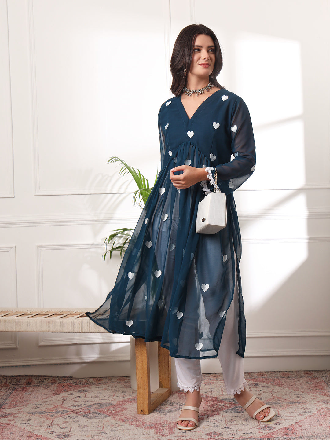 Rama Green Heart Embrodiered Alia-cut Kurta With Pant
