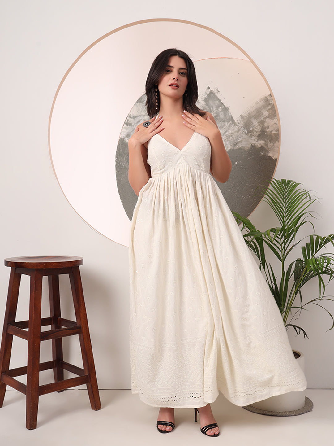 Milky White Chikankari Cotton Halter Neck Maxi Gown