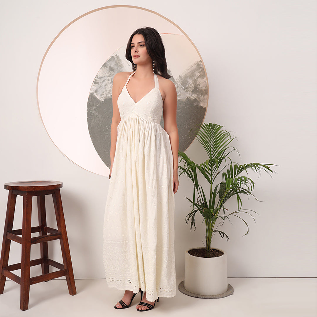 Milky White Chikankari Cotton Halter Neck Maxi Gown