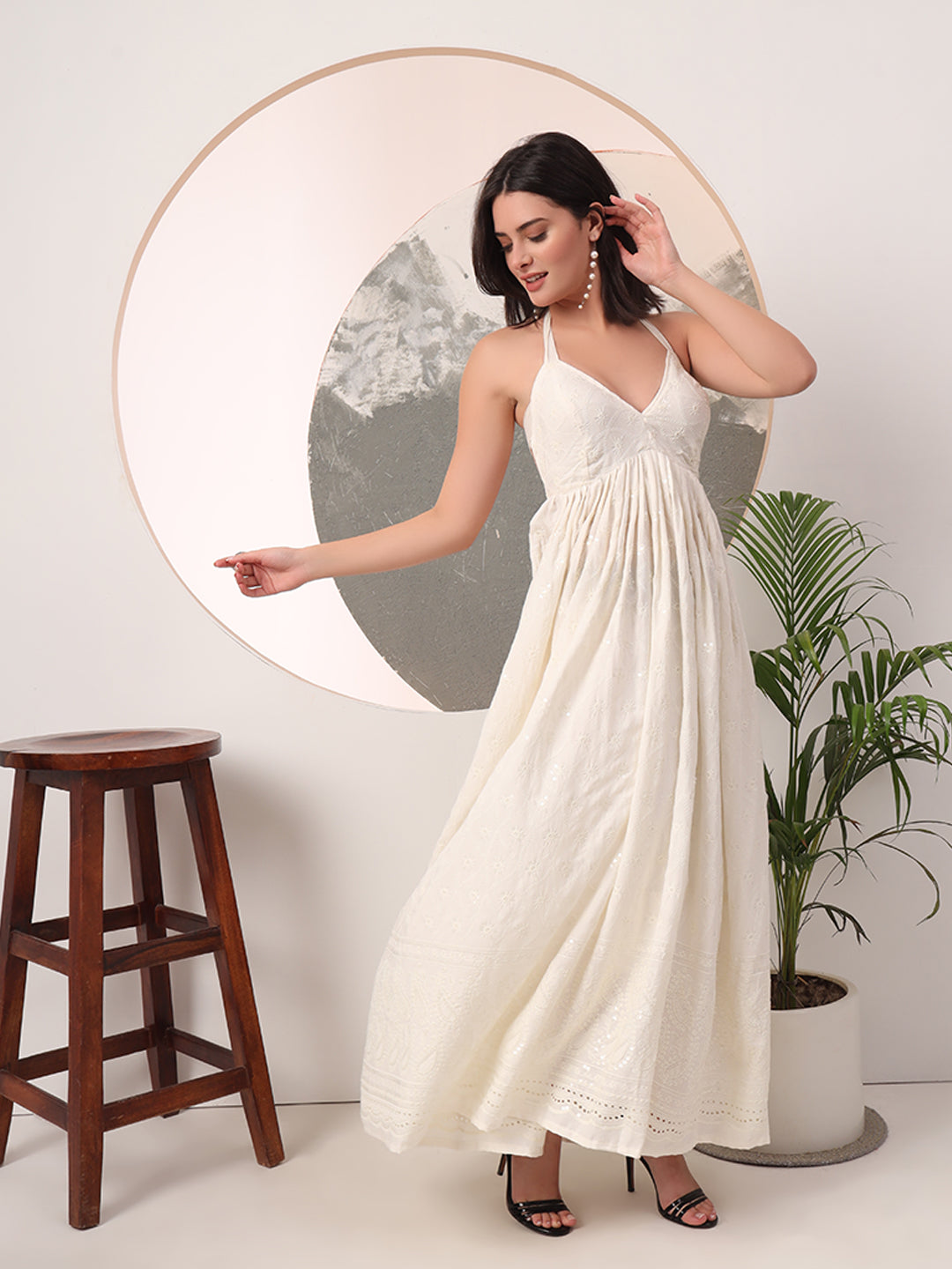 Milky White Chikankari Cotton Halter Neck Maxi Gown