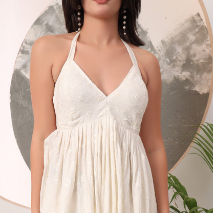 Milky White Chikankari Cotton Halter Neck Maxi Gown