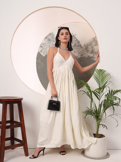 Milky White Chikankari Cotton Halter Neck Maxi Gown