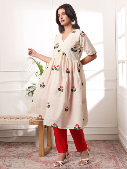 Elegant Alia-Cut Embroidered Flared Kurta With Pockets Pants