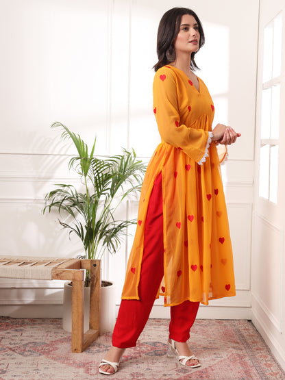 Georgette Embroiderd Alia Cut Flared Kurta With Pockets Pants