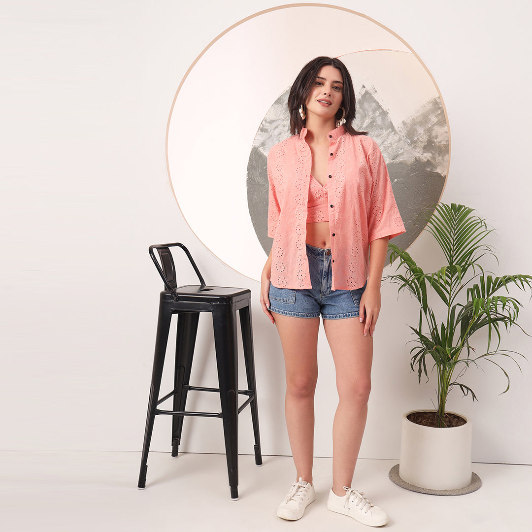 Peach Gajri Mull Cotton Hakoba Shirt and Cotton Bra Combo