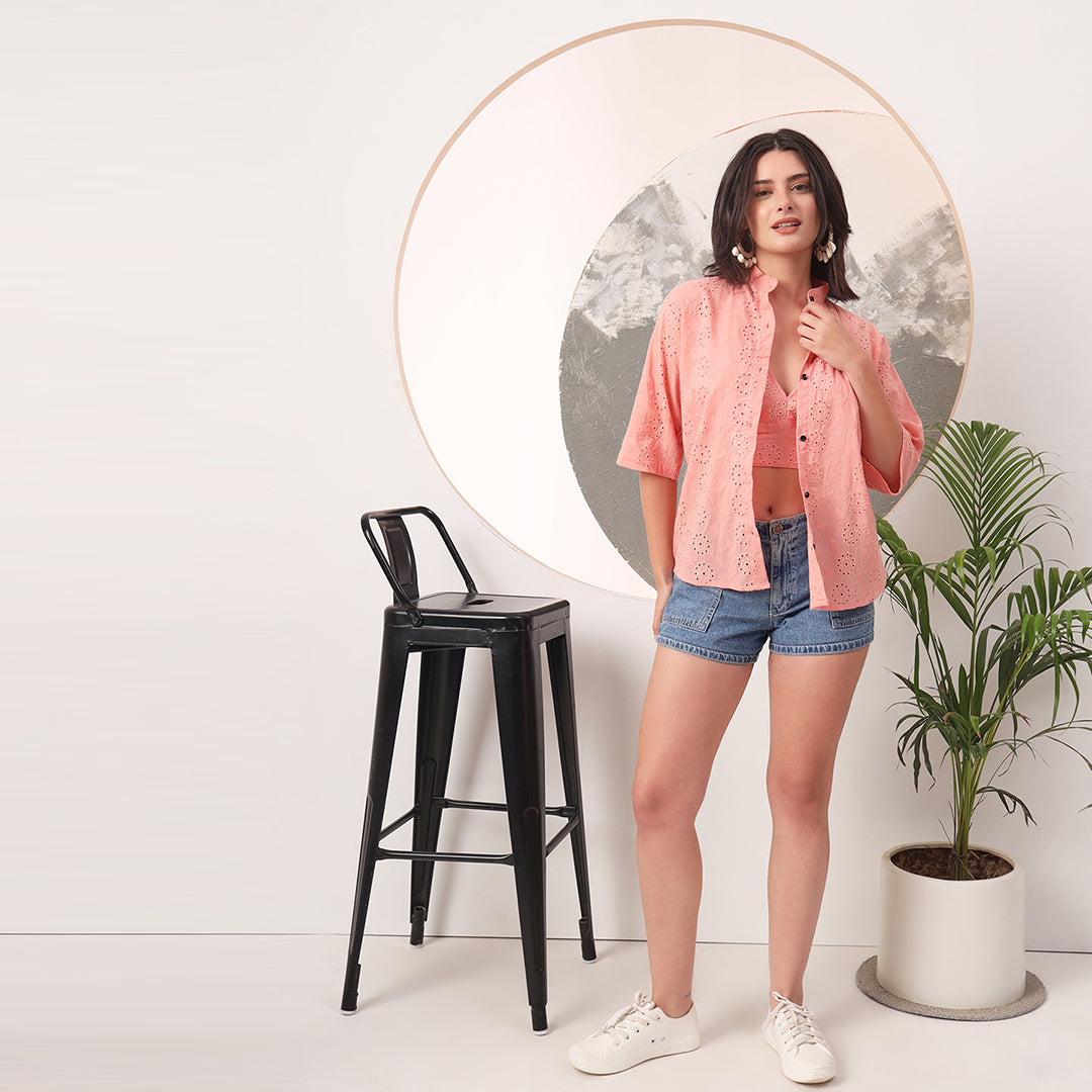 Peach Gajri Mull Cotton Hakoba Shirt and Cotton Bra Combo
