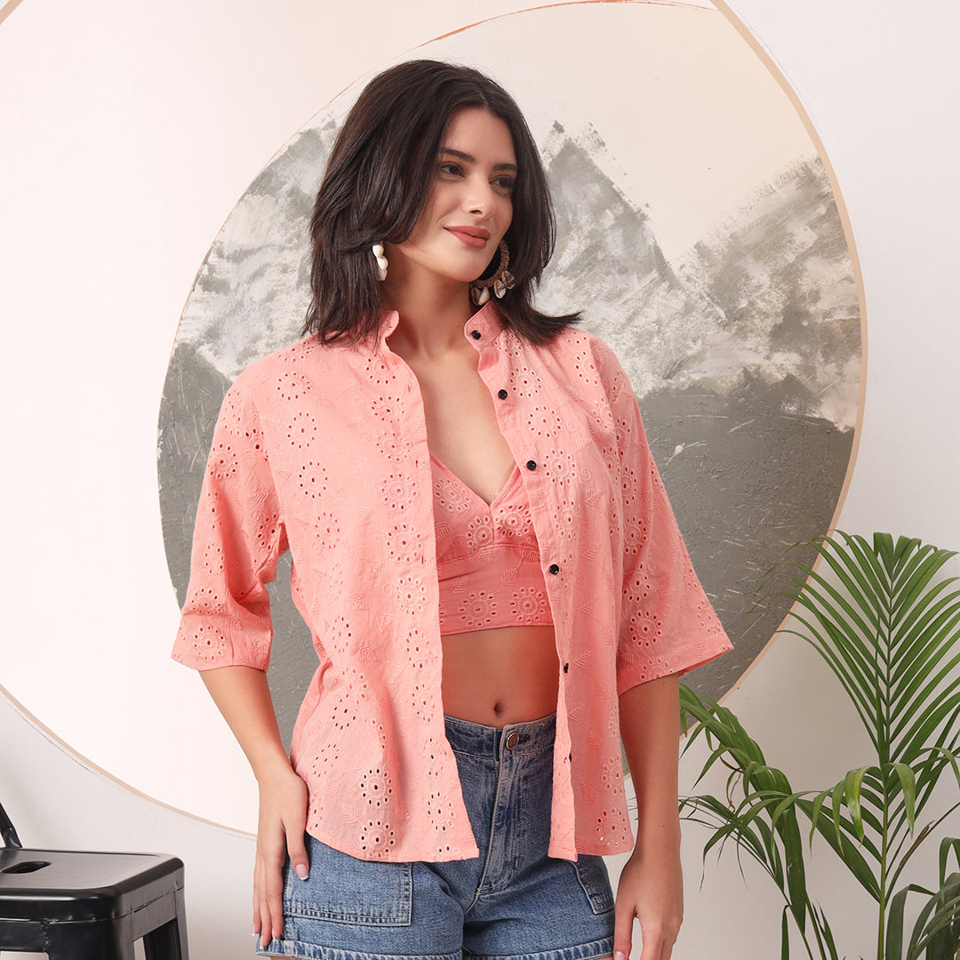 Peach Gajri Mull Cotton Hakoba Shirt and Cotton Bra Combo
