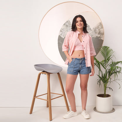 Baby Pink Mull Cotton Hakoba Shirt and Cotton Bra Combo