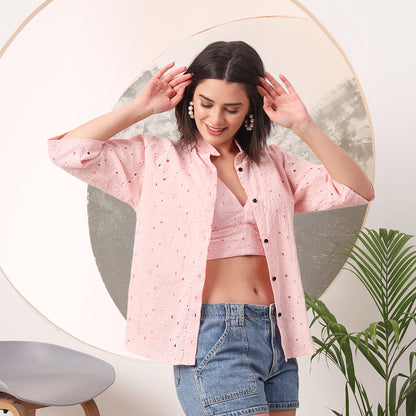 Baby Pink Mull Cotton Hakoba Shirt and Cotton Bra Combo