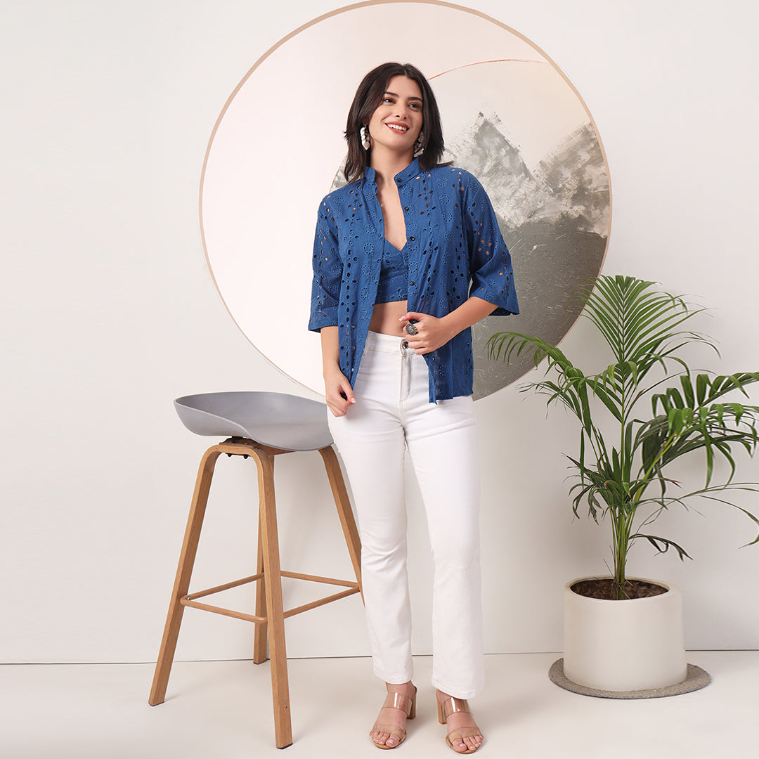 Combo of Cotton Blue Hakoba Shirt and Hakoba Cotton Bra