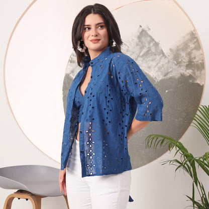 Combo of Cotton Blue Hakoba Shirt and Hakoba Cotton Bra