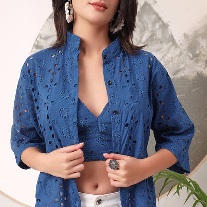 Combo of Cotton Blue Hakoba Shirt and Hakoba Cotton Bra