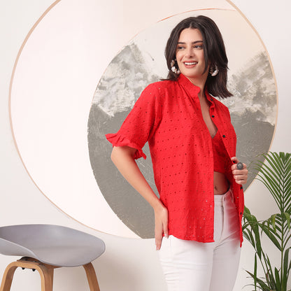 Tomato Red Hakoba Cotton Shirt and Hakoba Cotton Bra Combo