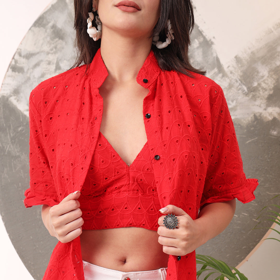 Tomato Red Hakoba Cotton Shirt and Hakoba Cotton Bra Combo