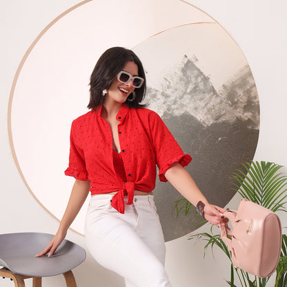 Tomato Red Hakoba Cotton Shirt and Hakoba Cotton Bra Combo