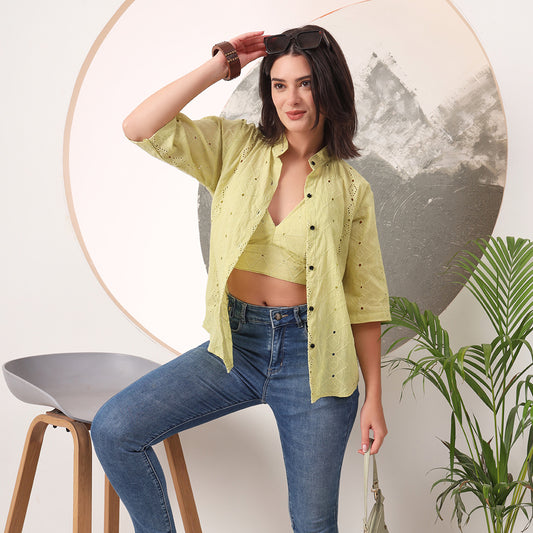 Pista Green Mull Coton Hakoba Shirt and Hakoba Cotton Bra Combo