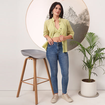 Pista Green Mull Coton Hakoba Shirt and Hakoba Cotton Bra Combo