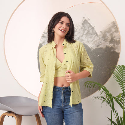 Pista Green Mull Coton Hakoba Shirt and Hakoba Cotton Bra Combo