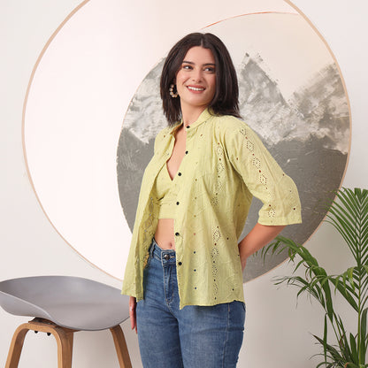 Pista Green Mull Coton Hakoba Shirt and Hakoba Cotton Bra Combo