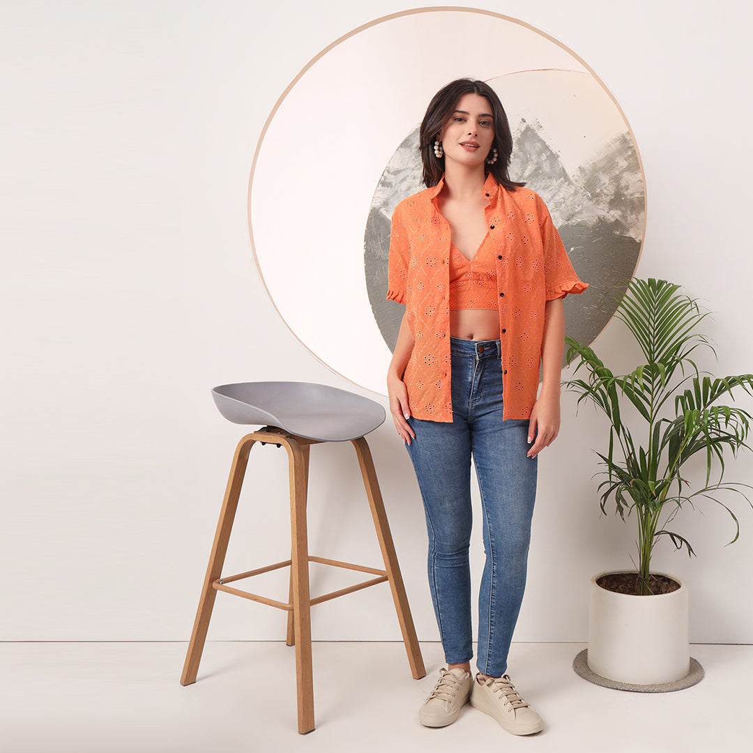 Pure Mull Cotton Orange Hakoba Shirt and White Hakoba Cotton Bra