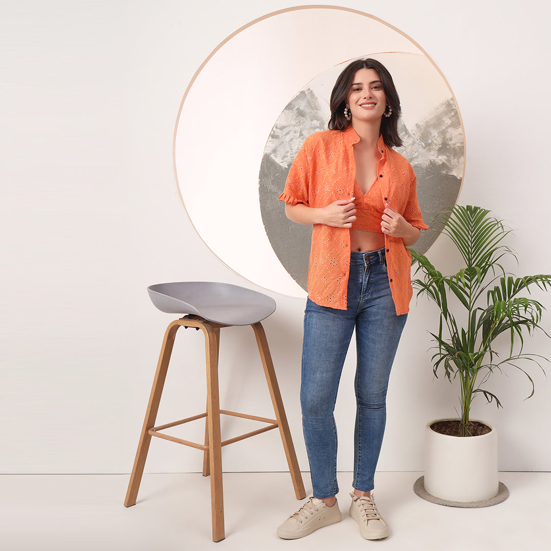 Pure Mull Cotton Orange Hakoba Shirt and White Hakoba Cotton Bra