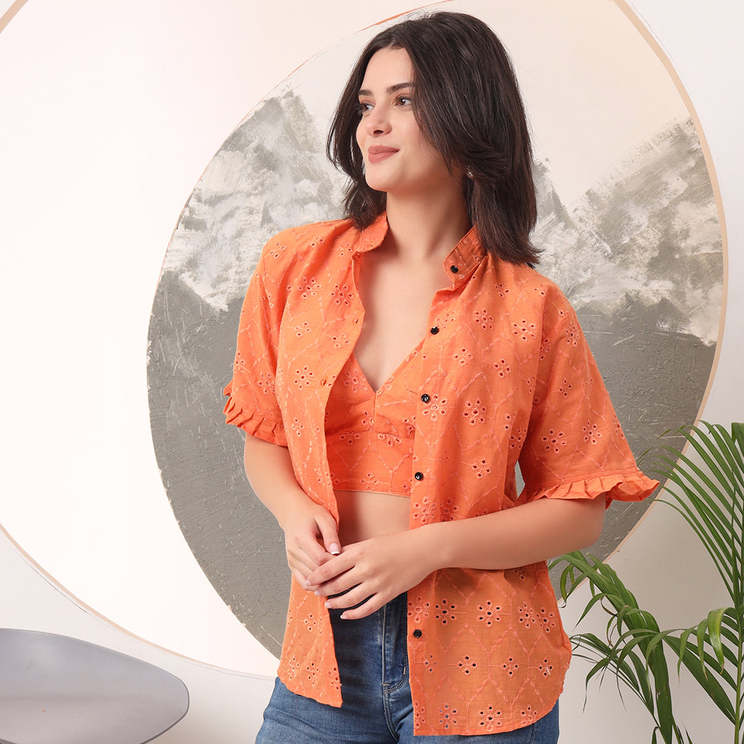 Pure Mull Cotton Orange Hakoba Shirt and White Hakoba Cotton Bra