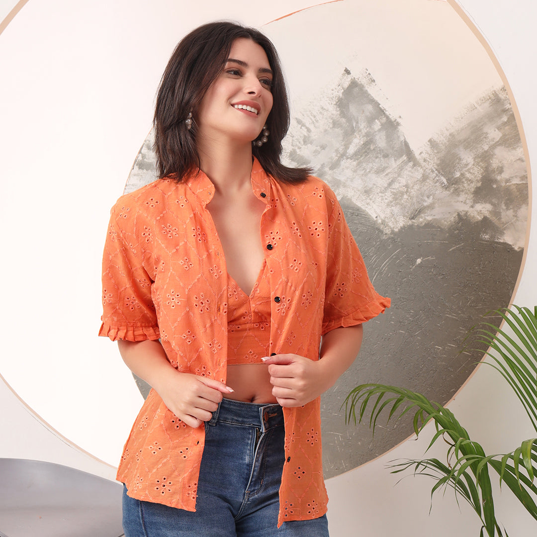 Pure Mull Cotton Orange Hakoba Shirt and White Hakoba Cotton Bra