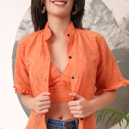 Pure Mull Cotton Orange Hakoba Shirt and White Hakoba Cotton Bra