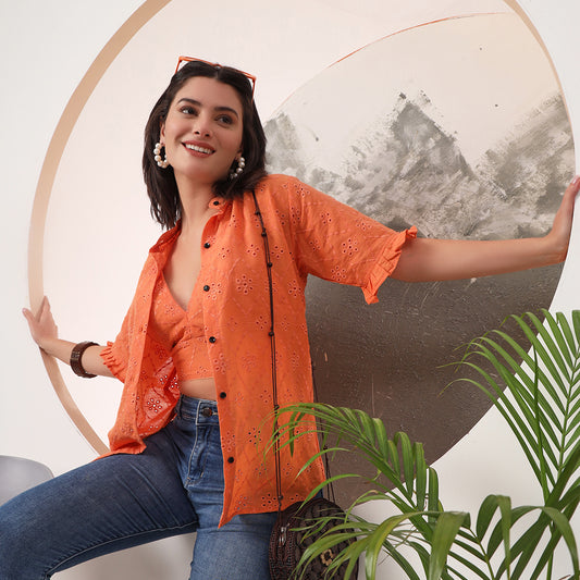Pure Mull Cotton Orange Hakoba Shirt and White Hakoba Cotton Bra