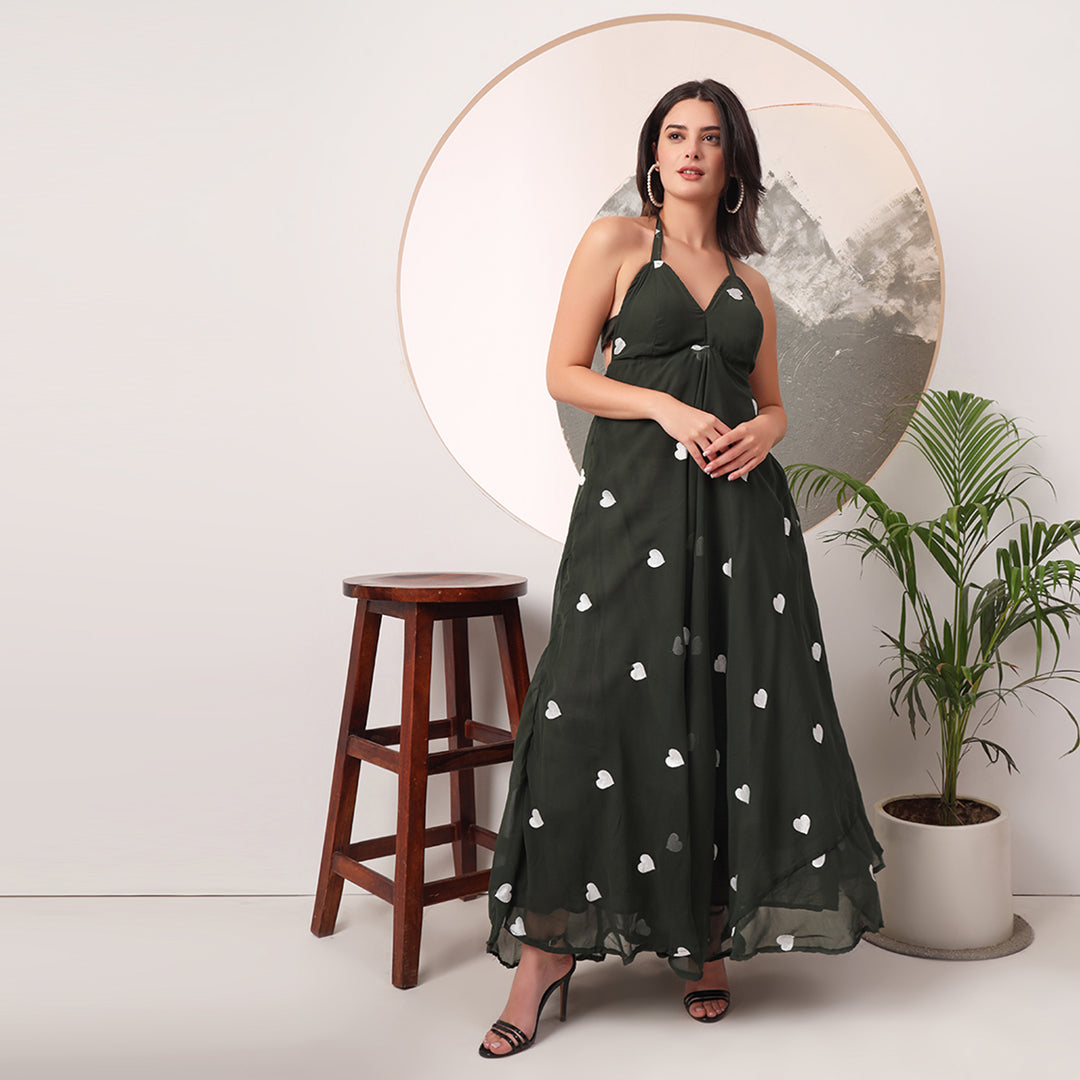Dark Green Heart Embrodiered Halter Neck Padded Maxi Gown