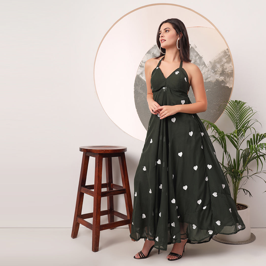 Dark Green Heart Embrodiered Halter Neck Padded Maxi Gown
