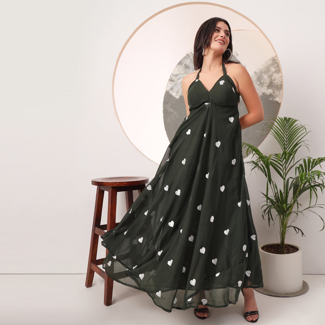 Dark Green Heart Embrodiered Halter Neck Padded Maxi Gown