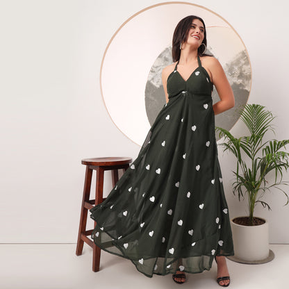 Dark Green Heart Embrodiered Halter Neck Padded Maxi Gown