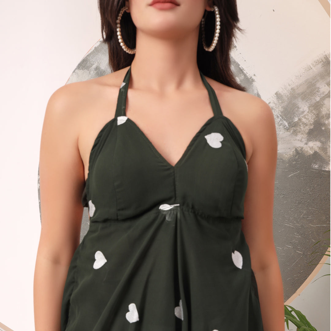 Dark Green Heart Embrodiered Halter Neck Padded Maxi Gown