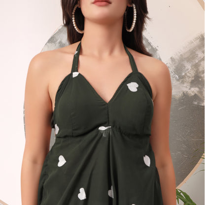 Dark Green Heart Embrodiered Halter Neck Padded Maxi Gown