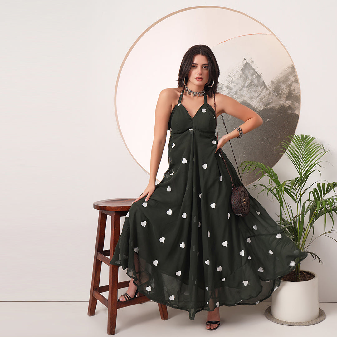 Dark Green Heart Embrodiered Halter Neck Padded Maxi Gown