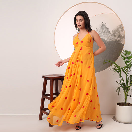 Yellow Heart Embrodiered Halter Neck Padded Maxi Gown