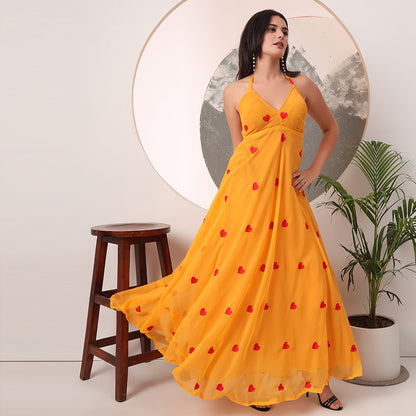 Yellow Heart Embrodiered Halter Neck Padded Maxi Gown