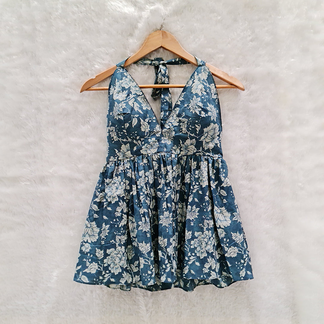 Ocean Blue Cotton Halter Neck Removable Padded Top