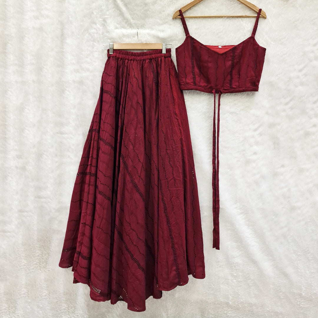 Maroon Hakoba Work Lehenga With Stylish Sleeveless Crop Top